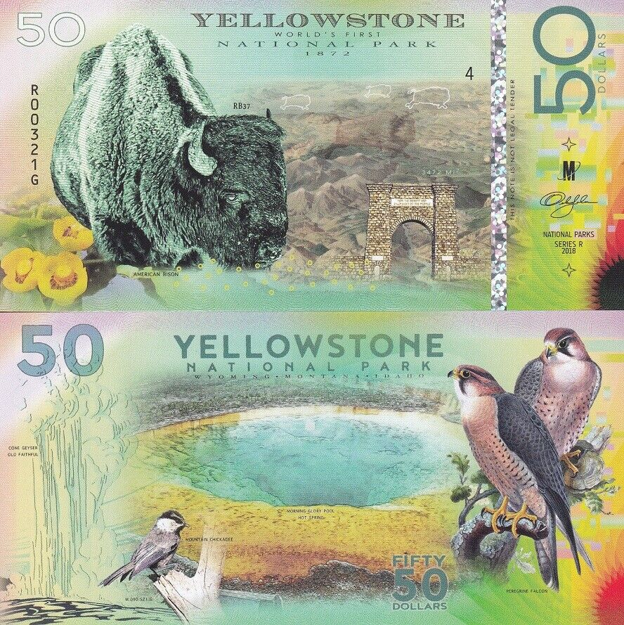 USA Yellowstone National Park 50 Dollars Polymer 2018 Bison Falcon UNC