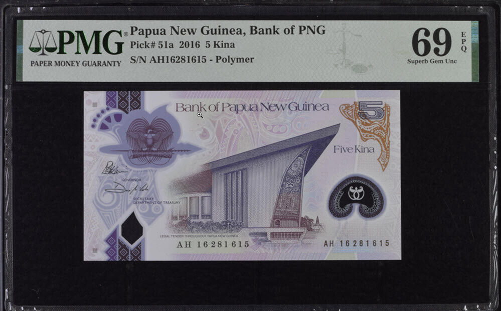 Papua New Guinea 5 Kina 2016 P 51 a Polymer Superb Gem UNC PMG 69 EPQ