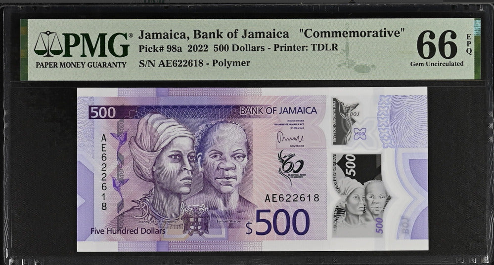 Jamaica 500 Dollars 2022 P 98 a Comm. Gem UNC PMG 66 EPQ
