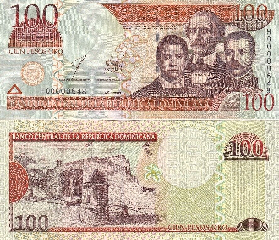 Dominican Republic 100 Pesos 2003 P 171 c LOW SERIAL NUMBER 3 DIGIT UNC