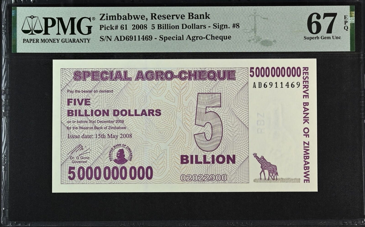Zimbabwe 5 Billion Dollars 2008 P 61 Superb Gem UNC PMG 67 EPQ