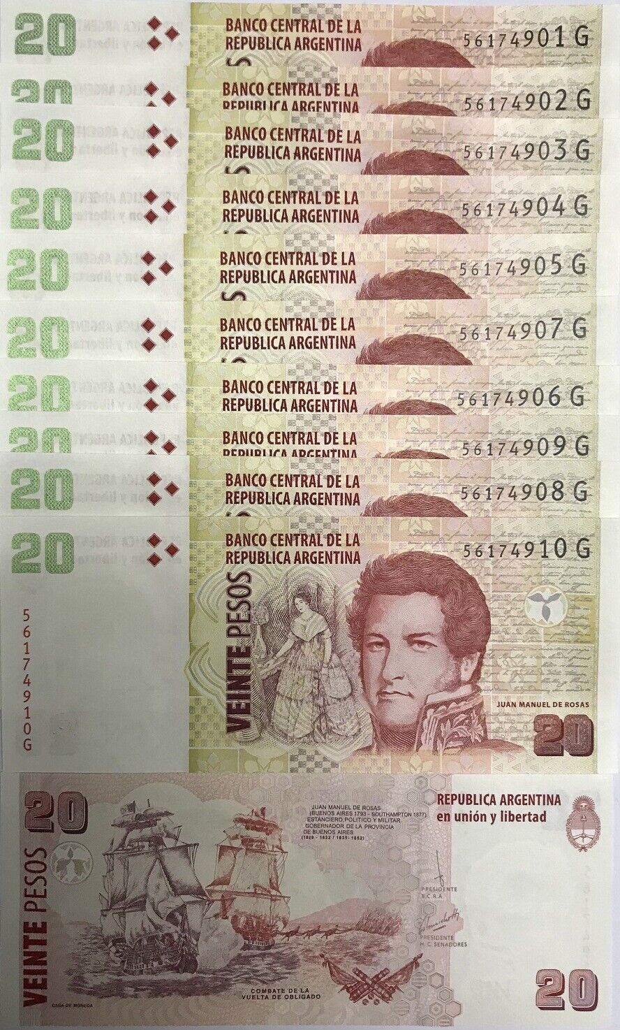 Argentina 20 Pesos 2013 P 355 SERIES G UNC LOT 10 PCS