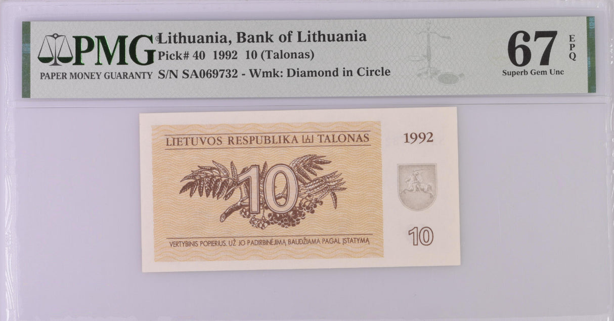 Lithuania 10 Talonas 1992 P 40 Superb Gem UNC PMG 67 EPQ