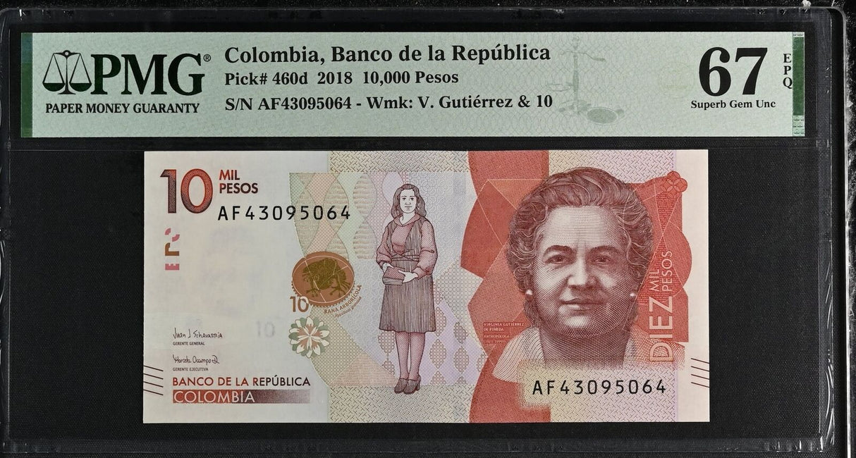 Colombia 10000 Pesos 2018 P 460 d Superb Gem UNC PMG 67 EPQ