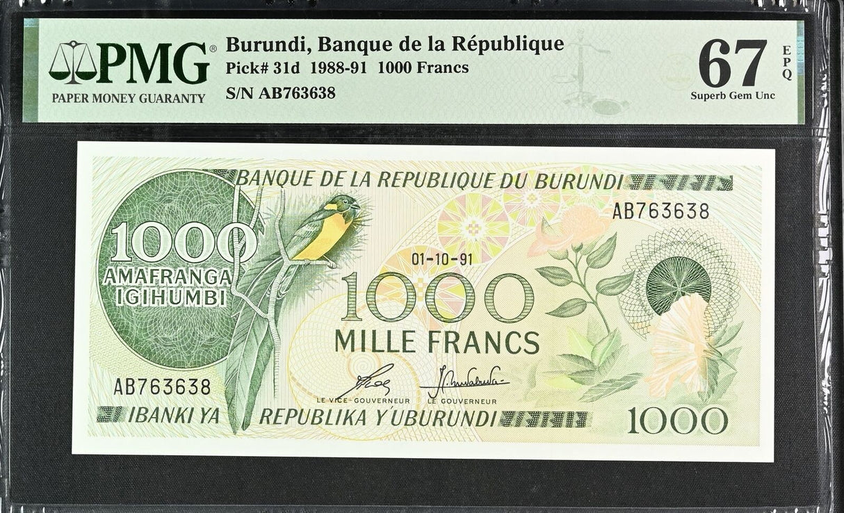 Burundi 1000 Francs 1991 P 31 d Superb Gem UNC PMG 67 EPQ