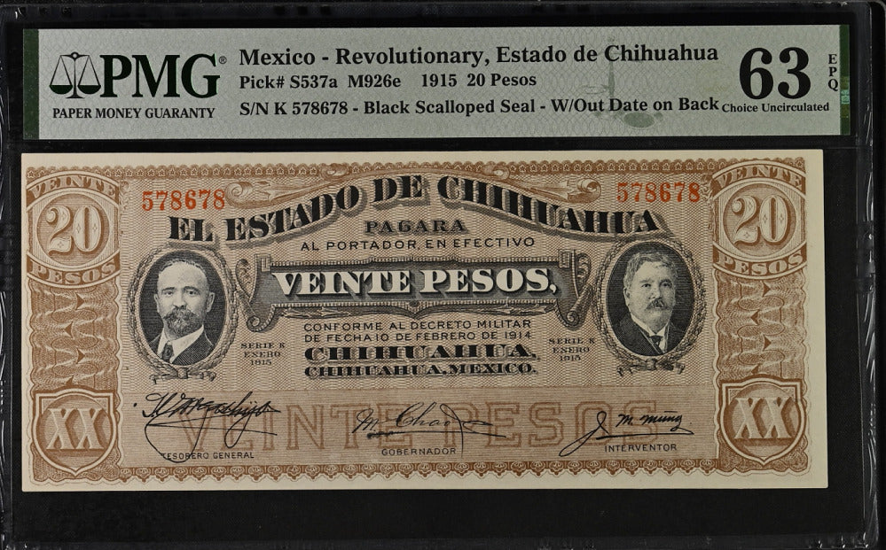 Mexico 20 Pesos 1915 P S537 a Choice UNC PMG 63 EPQ