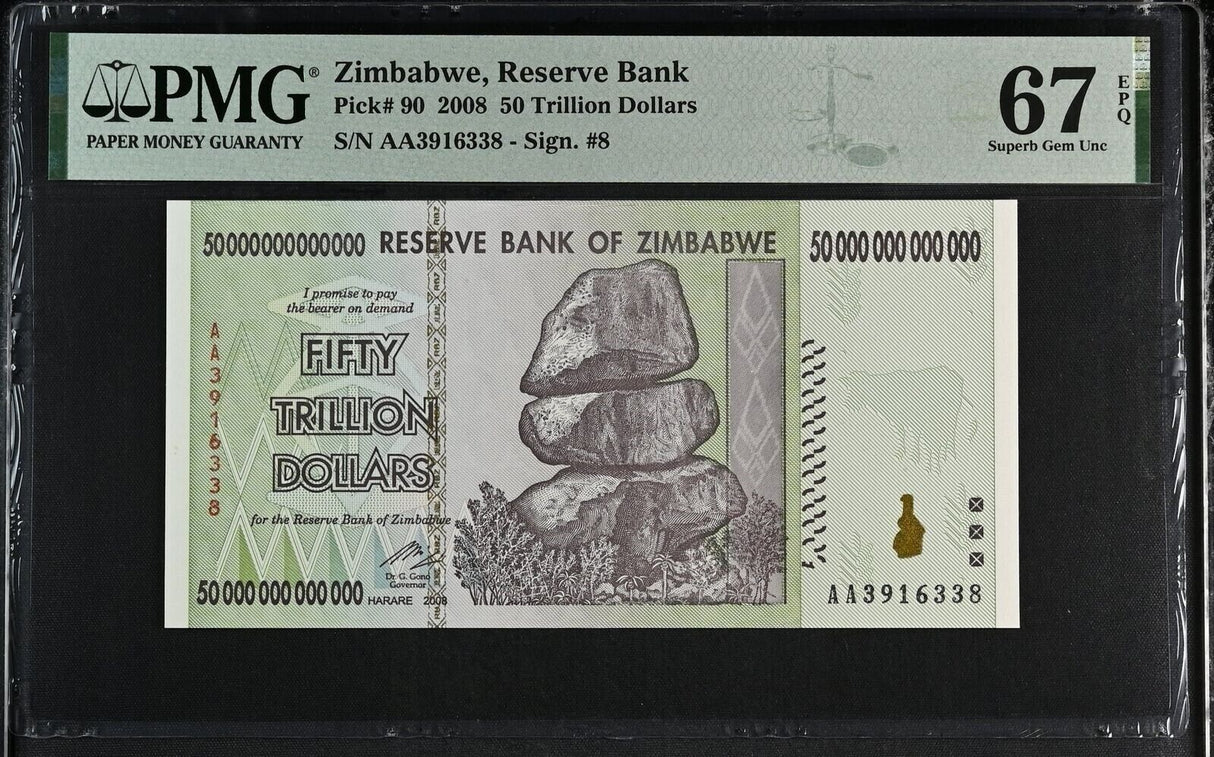 Zimbabwe 50 Trillion Dollars 2008 P 90 Superb Gem UNC PMG 67 EPQ