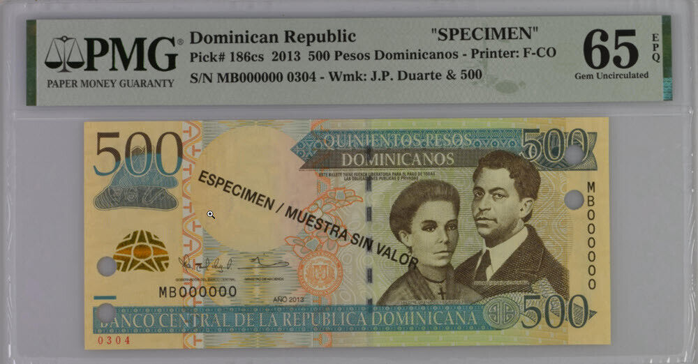 Dominican Republic 500 Pesos 2013 P 186 cs SPECIMEN Gem UNC PMG 65 EPQ Top Pop