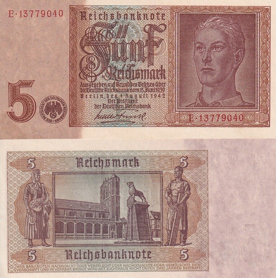 Germany Reichsbank 5 Reichsmark 1942 P 186 AUnc