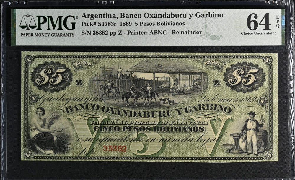 Argentina 5 Pesos Oxandaburu y Garbino 1869 P S1783 r Choice UNC PMG 64 EPQ