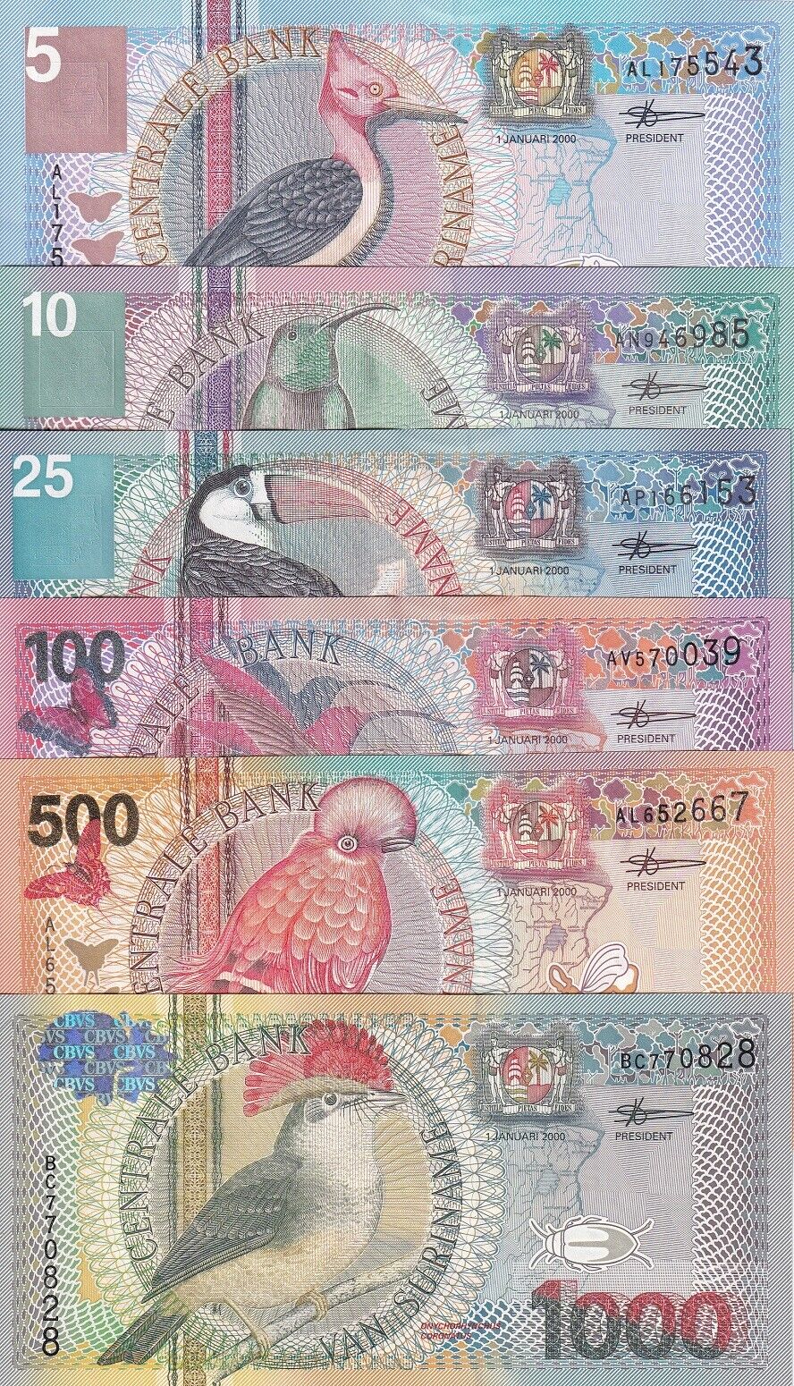 Suriname Set 6 UNC 5 10 25 100 500 1000 Gulden 2000 P 146 147 148 149 150 151