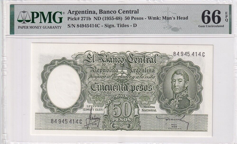 Argentina 50 Pesos ND 1955-1968 P 271 b Gem UNC PMG 66 EPQ