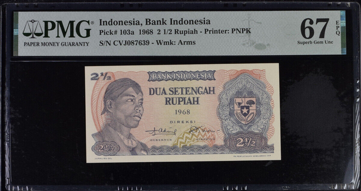 Indonesia 2 1/2 Rupiah 1968 P 103 a Superb Gem UNC PMG 67 EPQ – Noteshobby