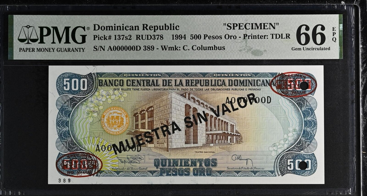 Dominican Republic 500 Pesos 1994 P 137s2 SPECIMEN Gem UNC PMG 66 EPQ