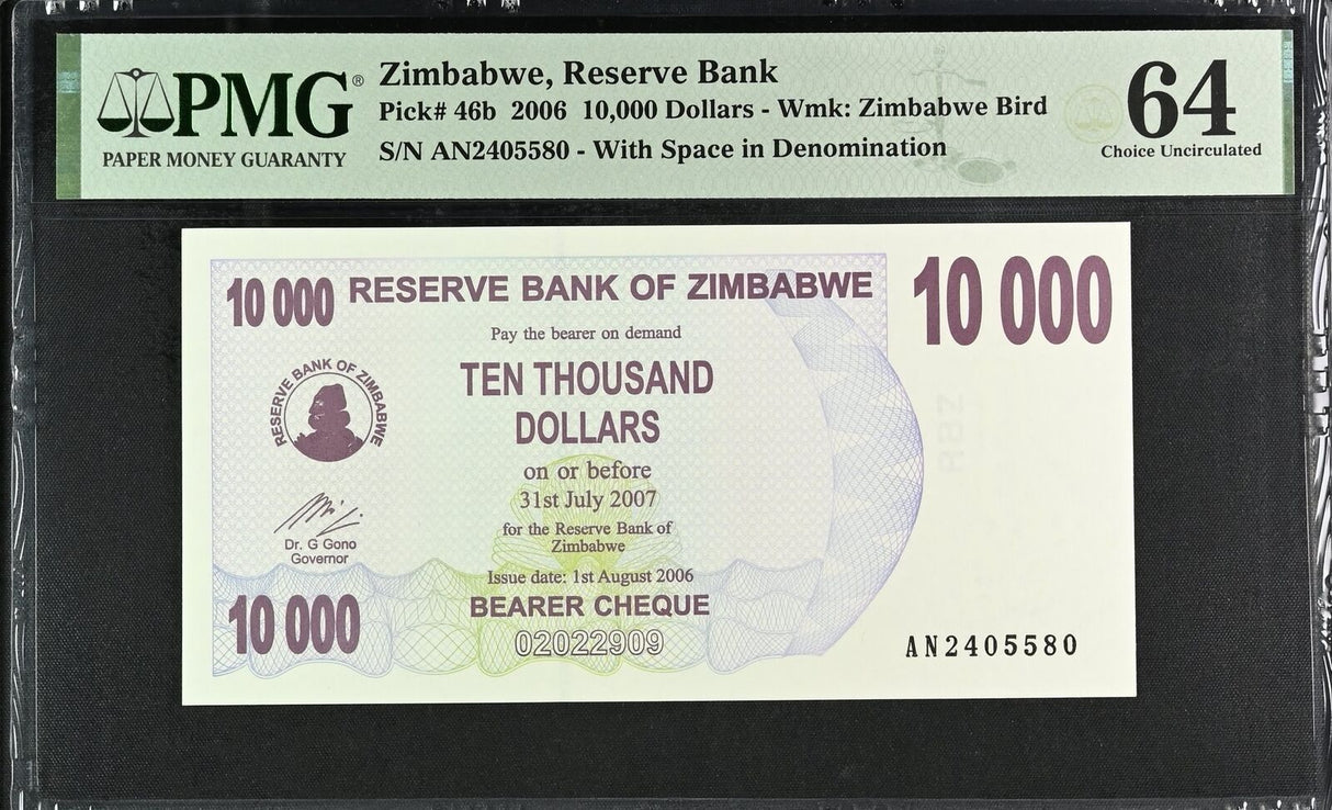 Zimbabwe 10000 Dollars 2006 P 46 b W/Space Choice UNC PMG 64
