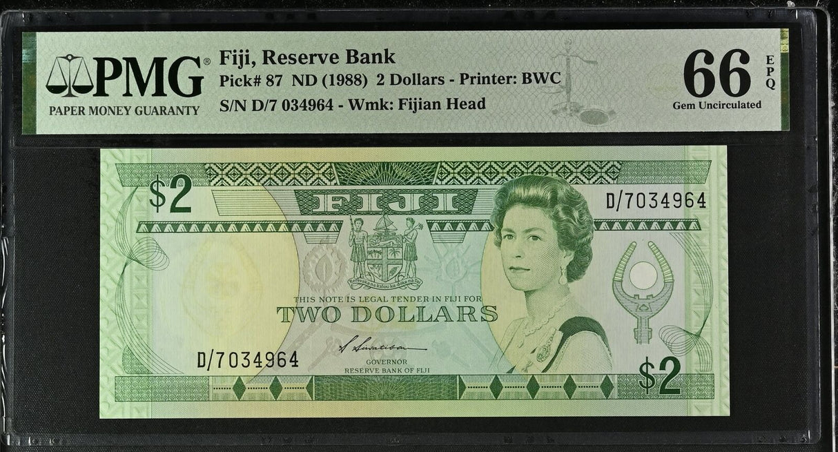 Fiji 2 Dollars ND 1988 P 87 QE II Gem UNC PMG 66 EPQ