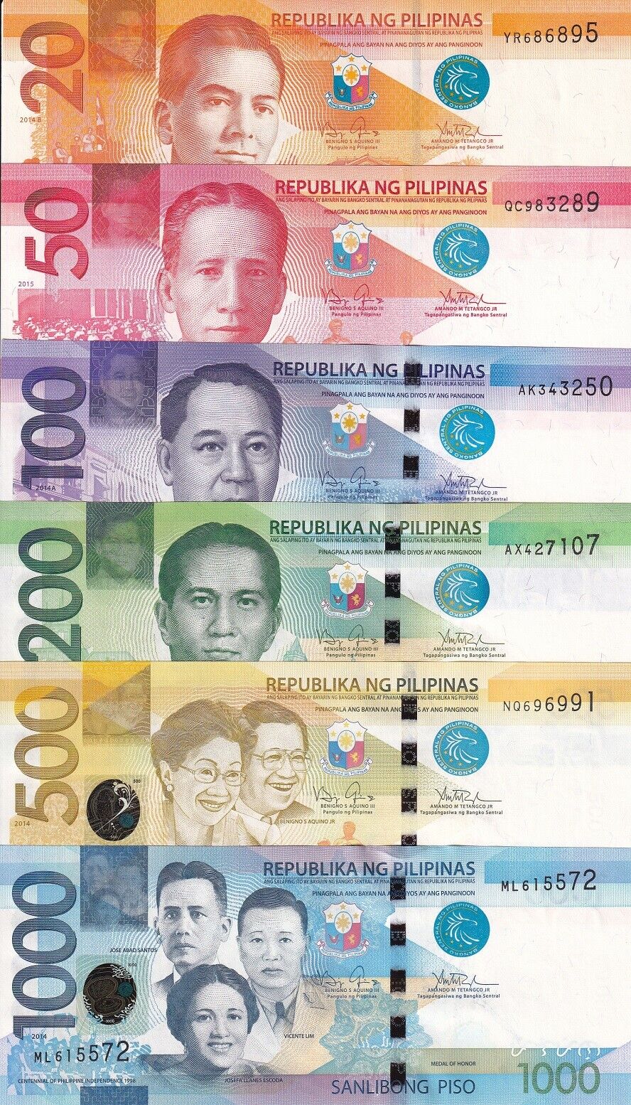 Philippines Set 6 AU 20 50 - 1000 Pesos 2014-2015 P 206 207 222 209 210 211