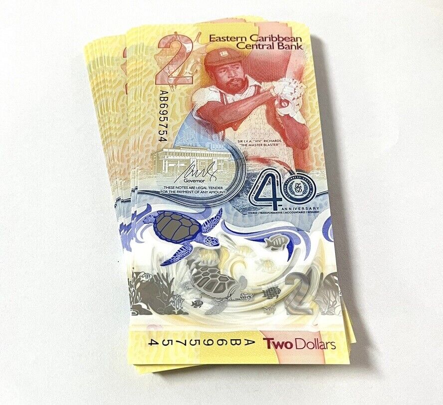 East Caribbean 2 Dollars 2023 2024 40th P 61 Polymer Viv Richards LOT 20 UNC
