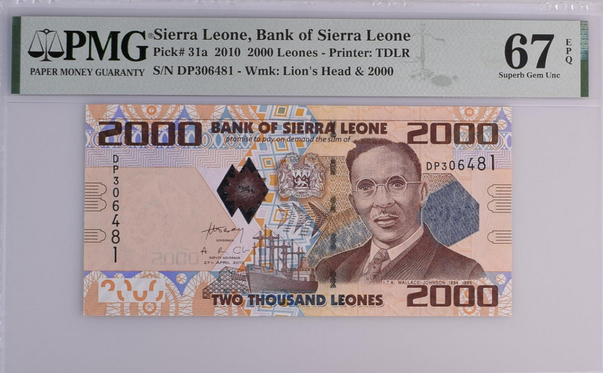 Sierra Leone 2000 Leones 2010 P 31 a Superb Gem UNC PMG 67 EPQ