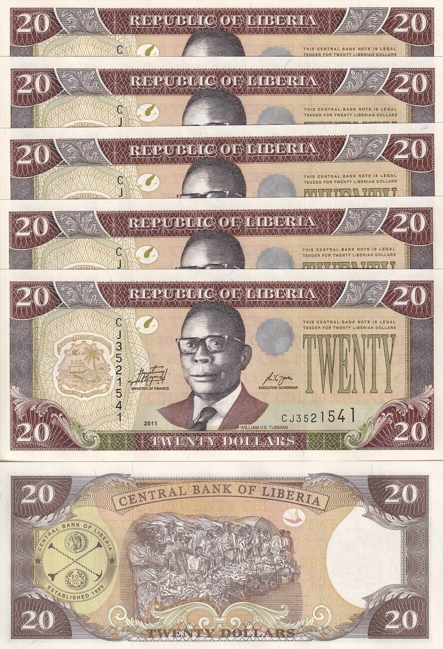 Liberia 20 Dollars 2011 P 28 UNC LOT 5 PCS