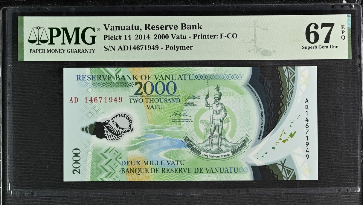 Vanuatu 2000 Vatu 2014 P 14 Polymer Superb Gem UNC PMG 67 EPQ