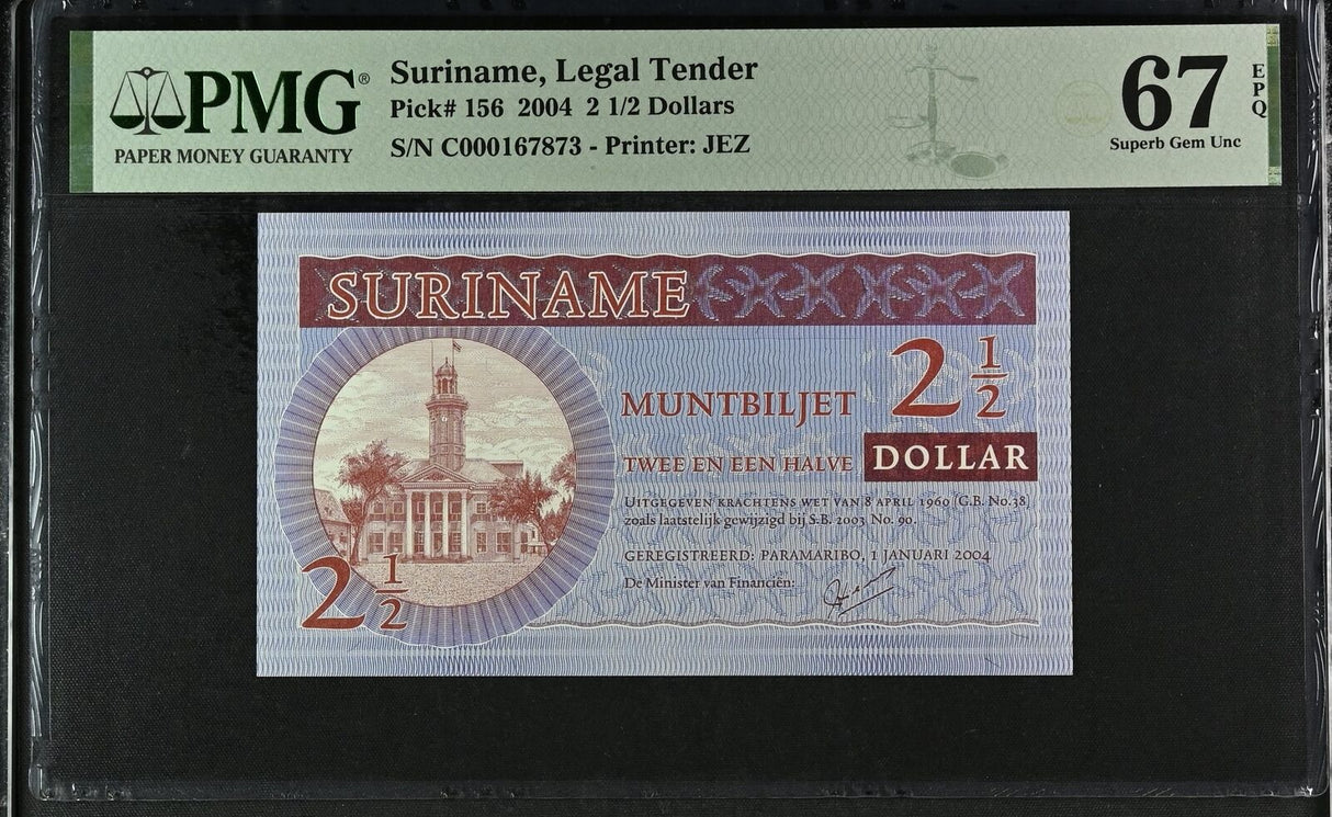 Suriname 2 1/2 Dollars 2004 P 156 SUPERB GEM UNC PMG 67 EPQ