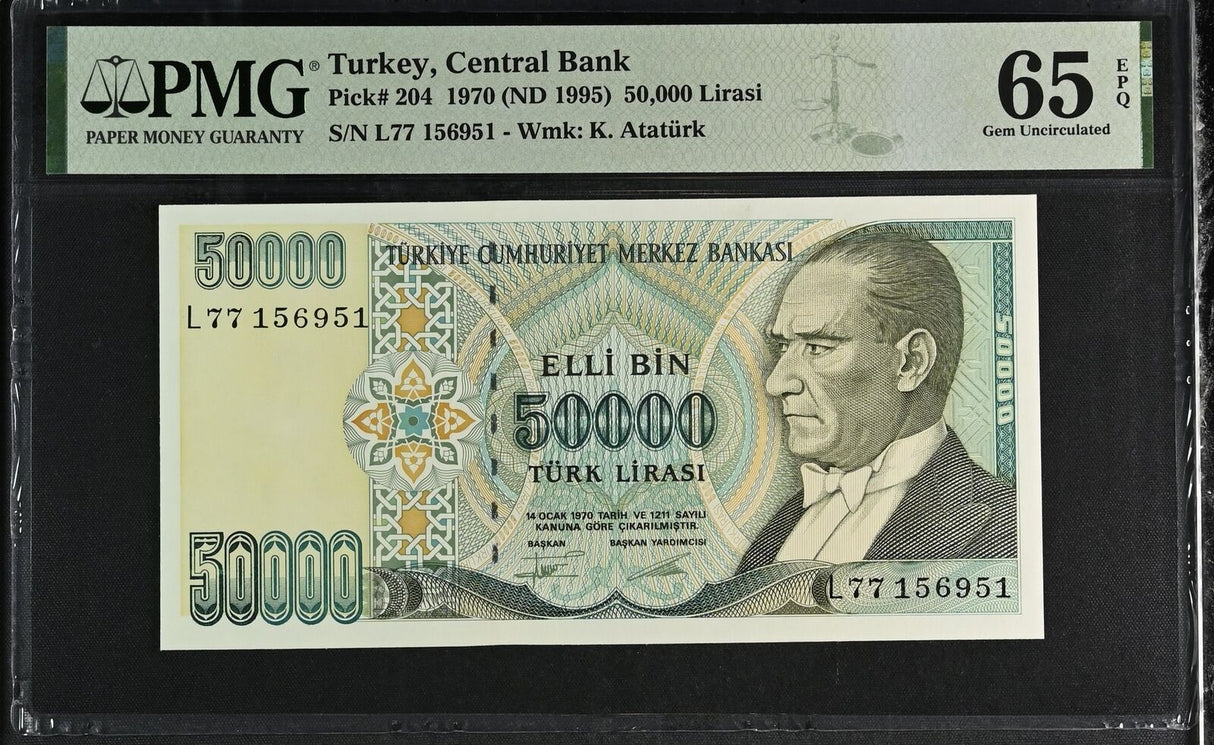 Turkey 50000 Lirasi 1970 ND 1995 P 204 Gem UNC PMG 65 EPQ