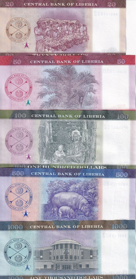Liberia SET 5 UNC 20 50 100 500 1000 Dollars 2022 / 2023 P 39 40 41 42 43