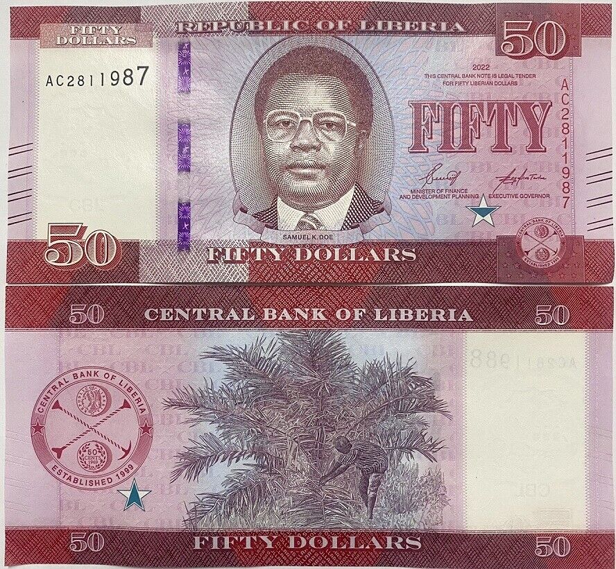 Liberia 50 Dollars 2022 P NEW Design AUnc