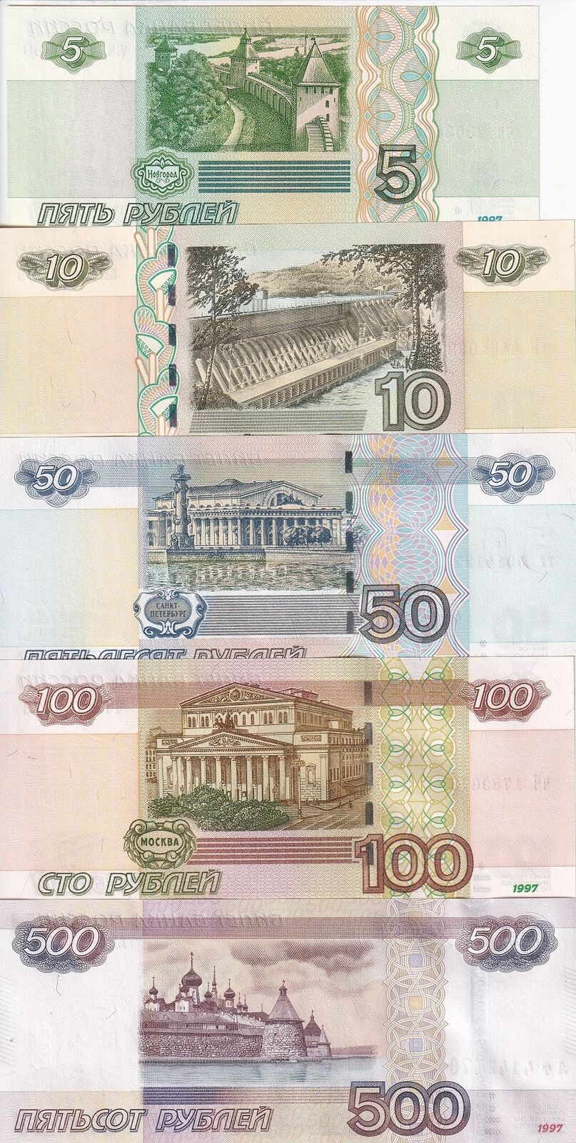 Russia Set 5 Pcs 5 10 50 100 500 Rubles 1997-2022 P 267 268 269 270 271 UNC