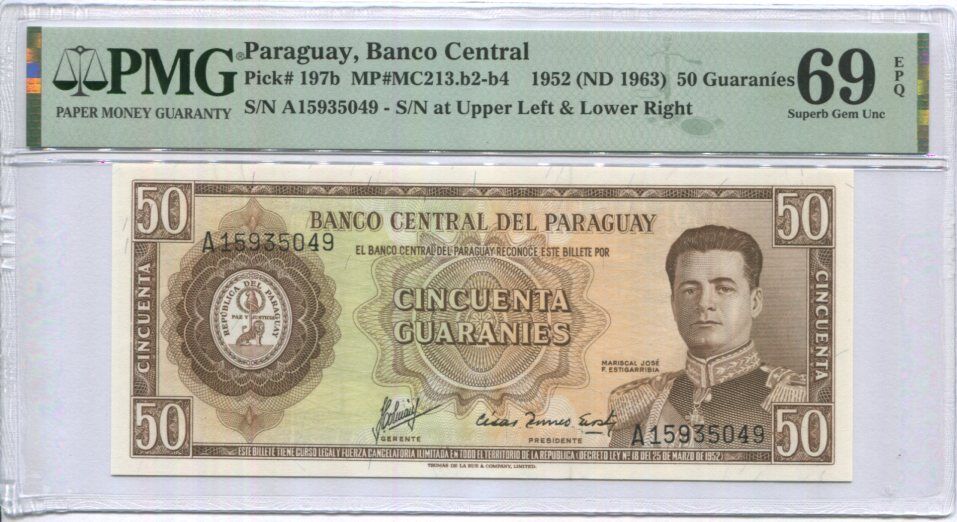 Paraguay 50 Guaranies 1952 ND 1963 P 197 b Superb Gem UNC PMG 69 EPQ TOP