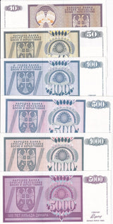 Bosnia Set 6 Pcs 10 50 100 500 1000 5000 Dinara 1992 P 133 134 - P 138 UNC