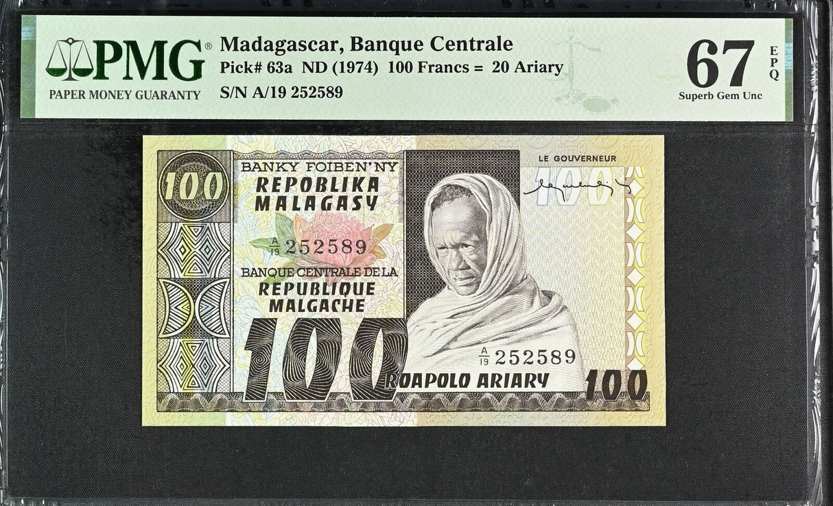 Madagascar 100 Francs 20 Ariary ND 1974 P 63 a Superb GEM UNC PMG 67 EPQ