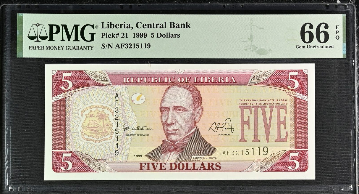 Liberia 5 Dollars 1999 P 21 Gem UNC PMG 66 EPQ
