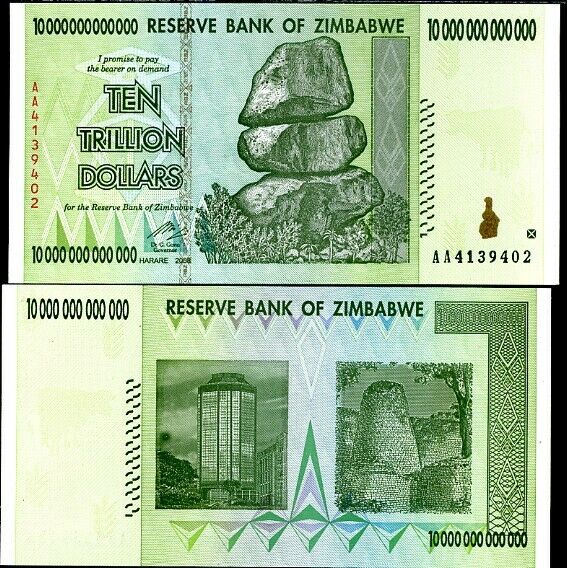 Zimbabwe 10 Trillion Dollars 2008 P 88 AA Prefix AUnc
