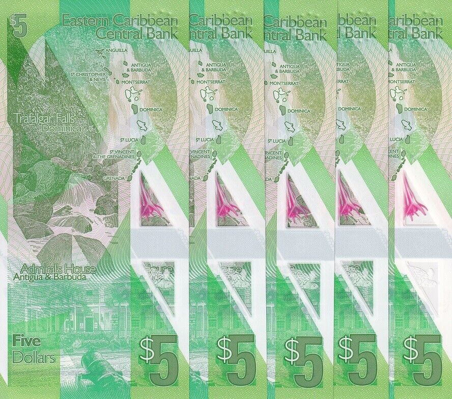 East Caribbean 5 Dollars ND 2021 P 55Aa Polymer QE II LOT 5 PCS UNC