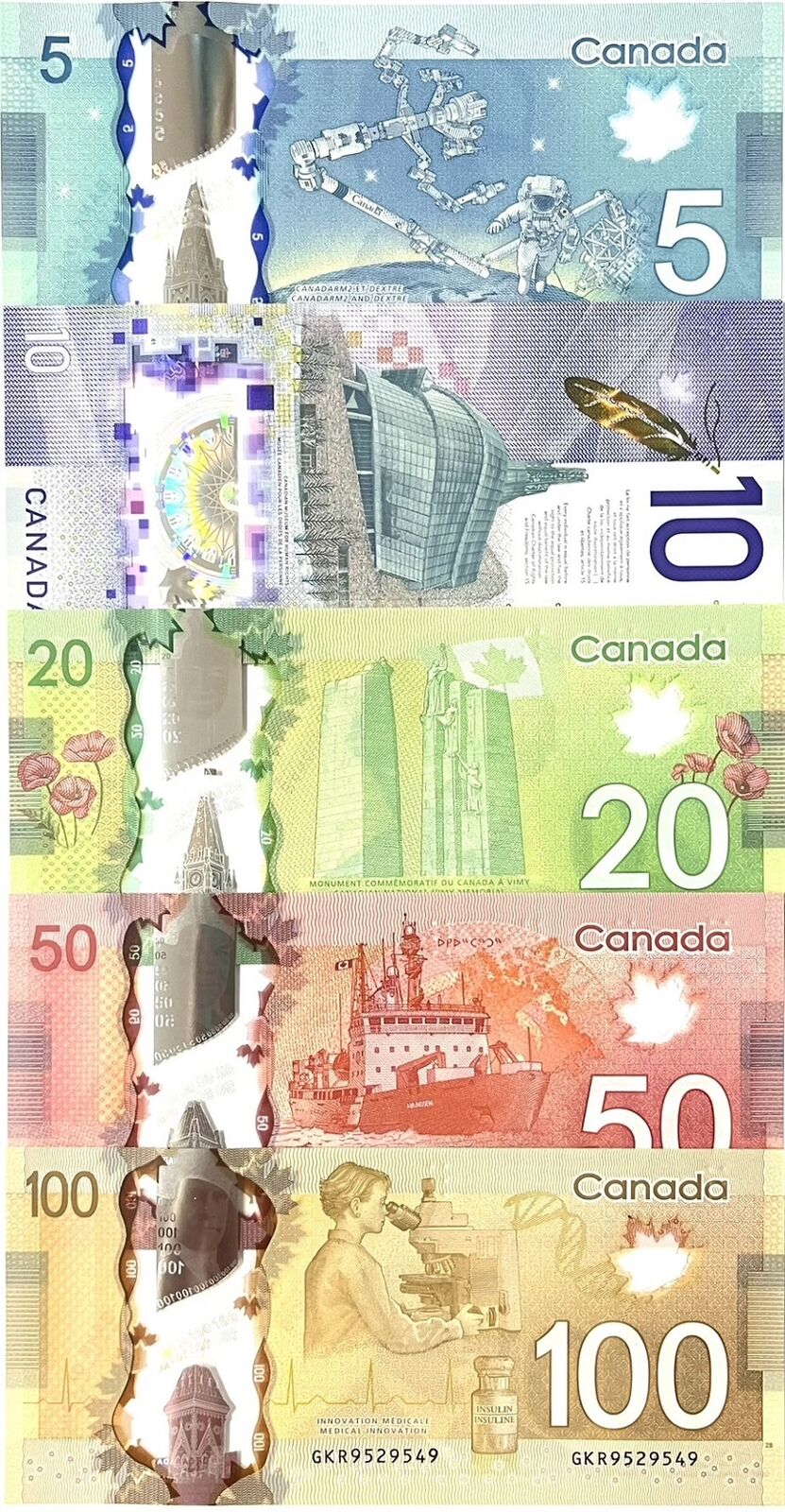Canada Set 5 PCS 5 10 20 50 100 2011 - 2018 P 106 108 109 110 P 113 UNC