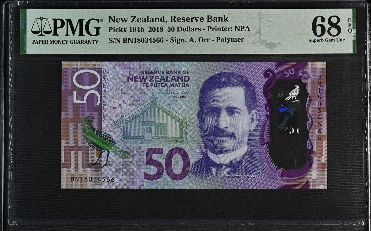 New Zealand 50 Dollars 2018 Polymer P 194 b Superb Gem UNC PMG 68 EPQ TOP POP
