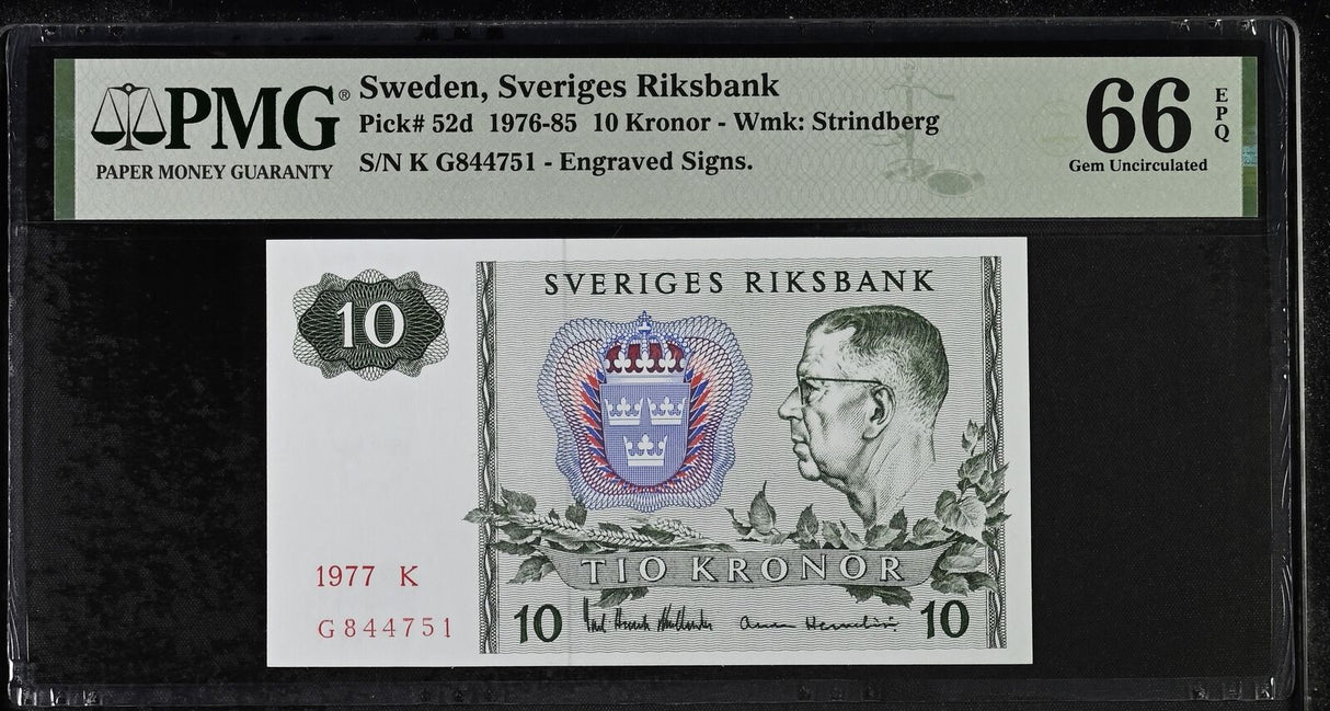 Sweden 10 Kronor 1977 P 52 d Gem UNC PMG 66 EPQ
