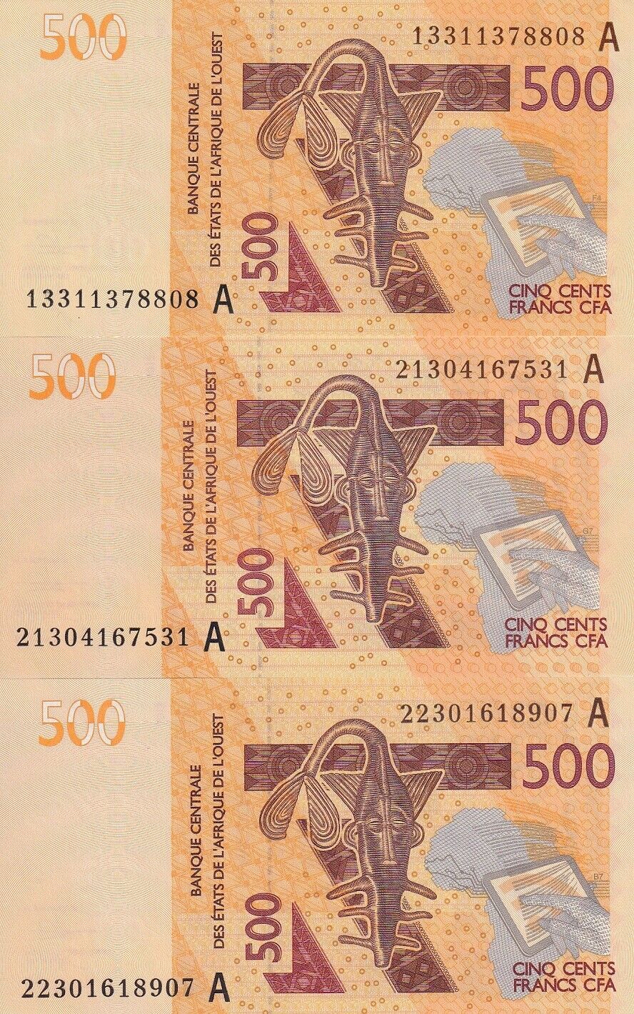 West African States Ivory Coast Set 3 Pcs 500 2013 2021 2022 P 119Ab P 119A UNC