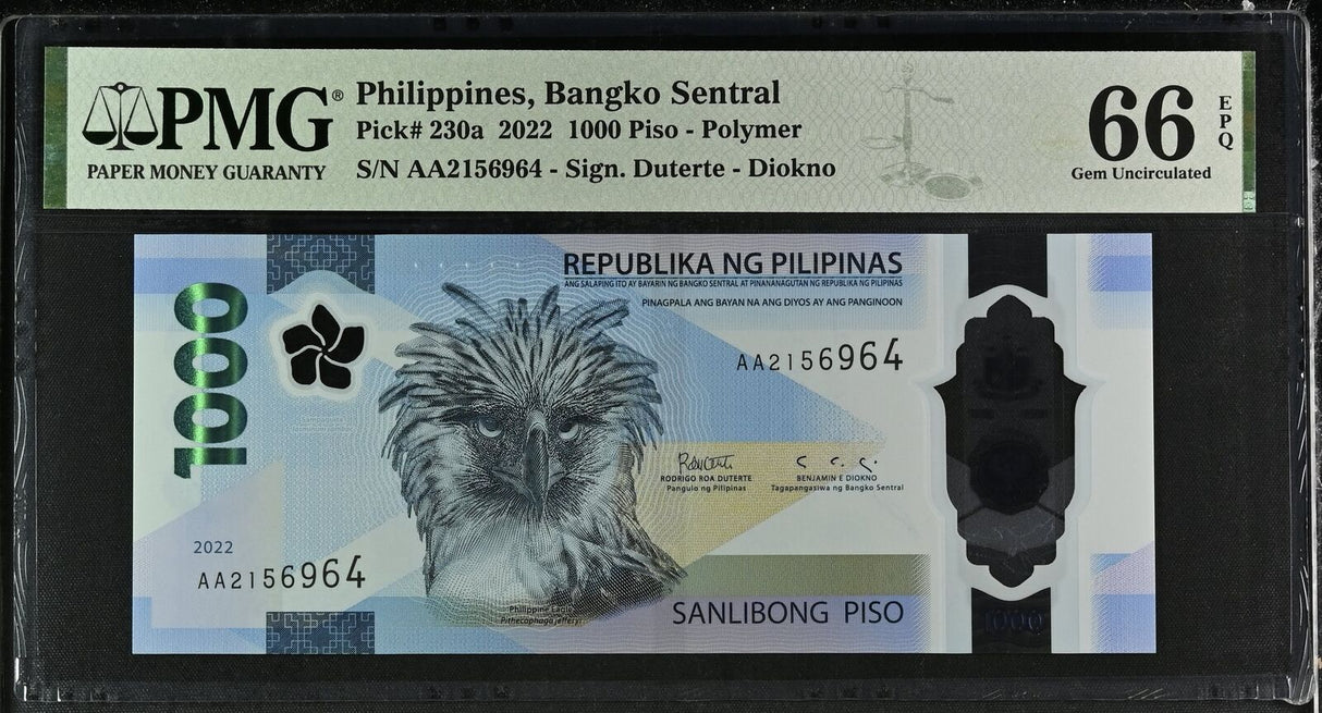 Philippines 1000 Pesos 2022 P 241 a AA Prefix Gem UNC PMG 66 EPQ
