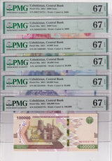 Uzbekistan Set 6; 2000- 50k 100000 Som 2021 P 87-P 92 Superb Gem UNC PMG 67 EPQ