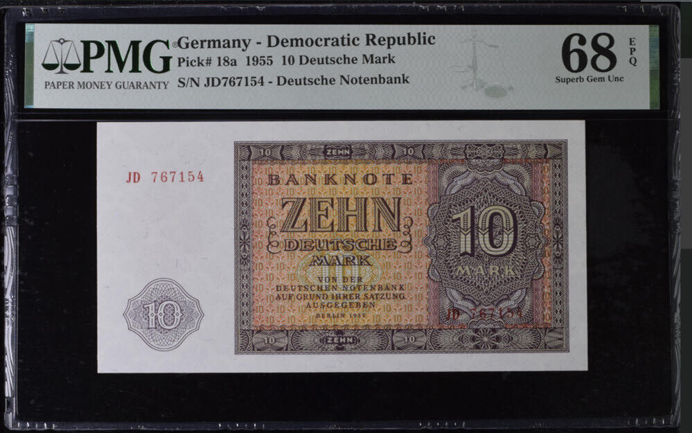 Germany Democratic 10 Deutsche Mark 1955 P 18 a Superb Gem UNC PMG 68 EPQ Top