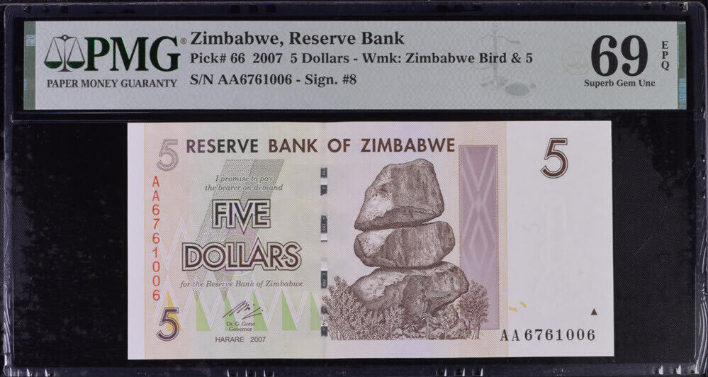 Zimbabwe 5 Dollars 2007 P 66 Superb Gem UNC PMG 69 EPQ