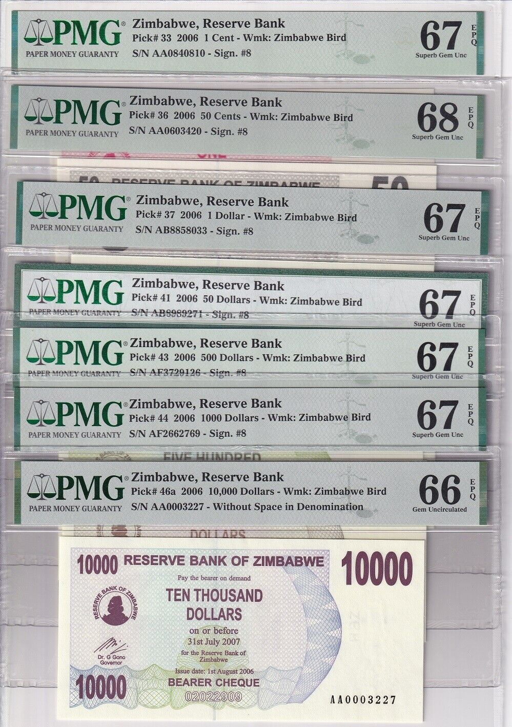 Zimbabwe Set 7; 1 50-1000 10000 Cent Dollars P33-P46 Superb UNC PMG 66 67 68 EPQ