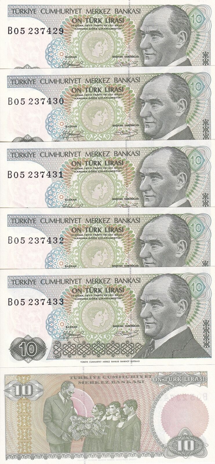 Turkey 10 Lira 1970 P 192 UNC LOT 5 PCS