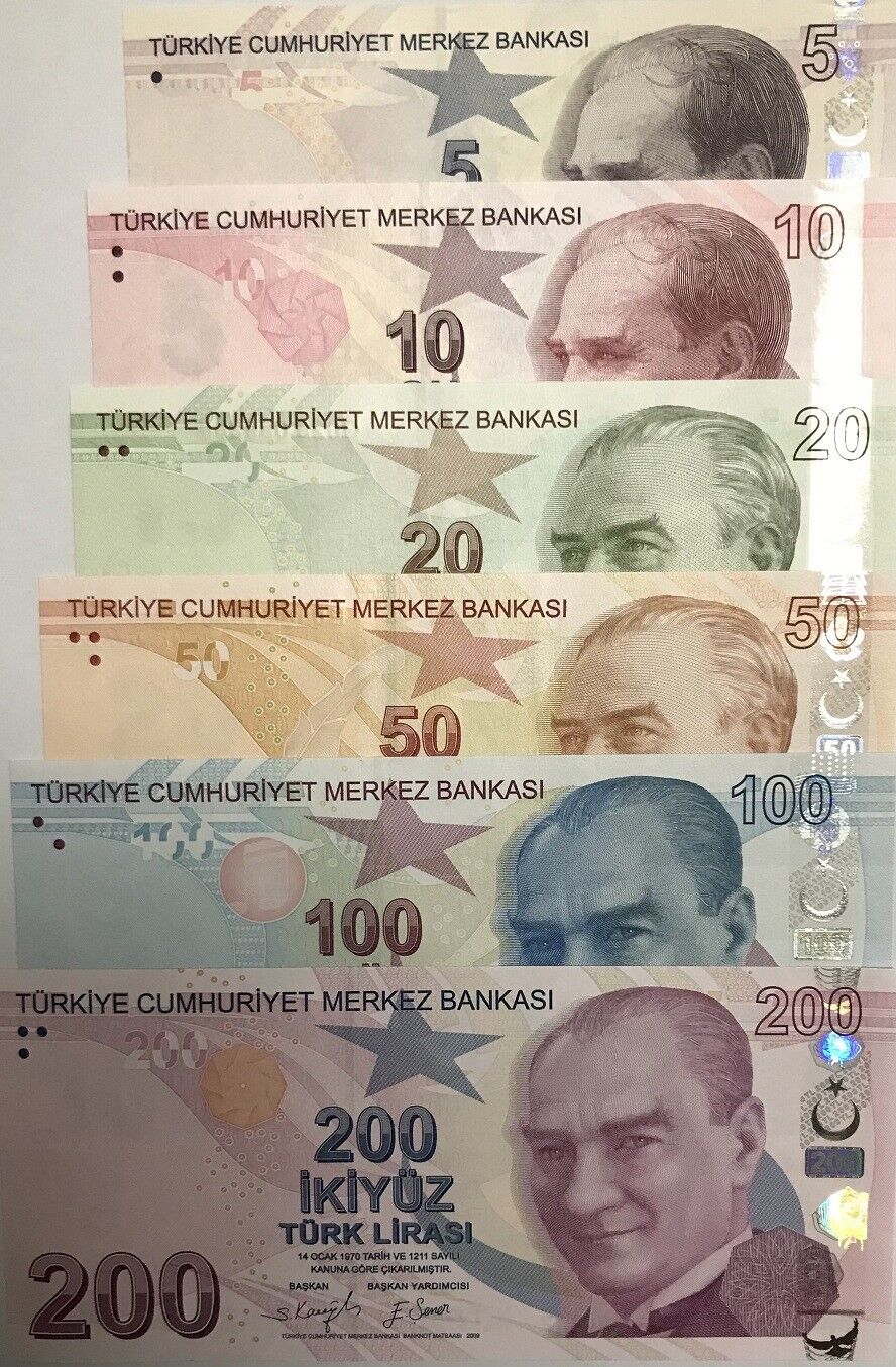 Turkey Set 6 Pcs 5 10 20 50 100 200 Lira 2009 - 2020 P 222 - 227 c UNC
