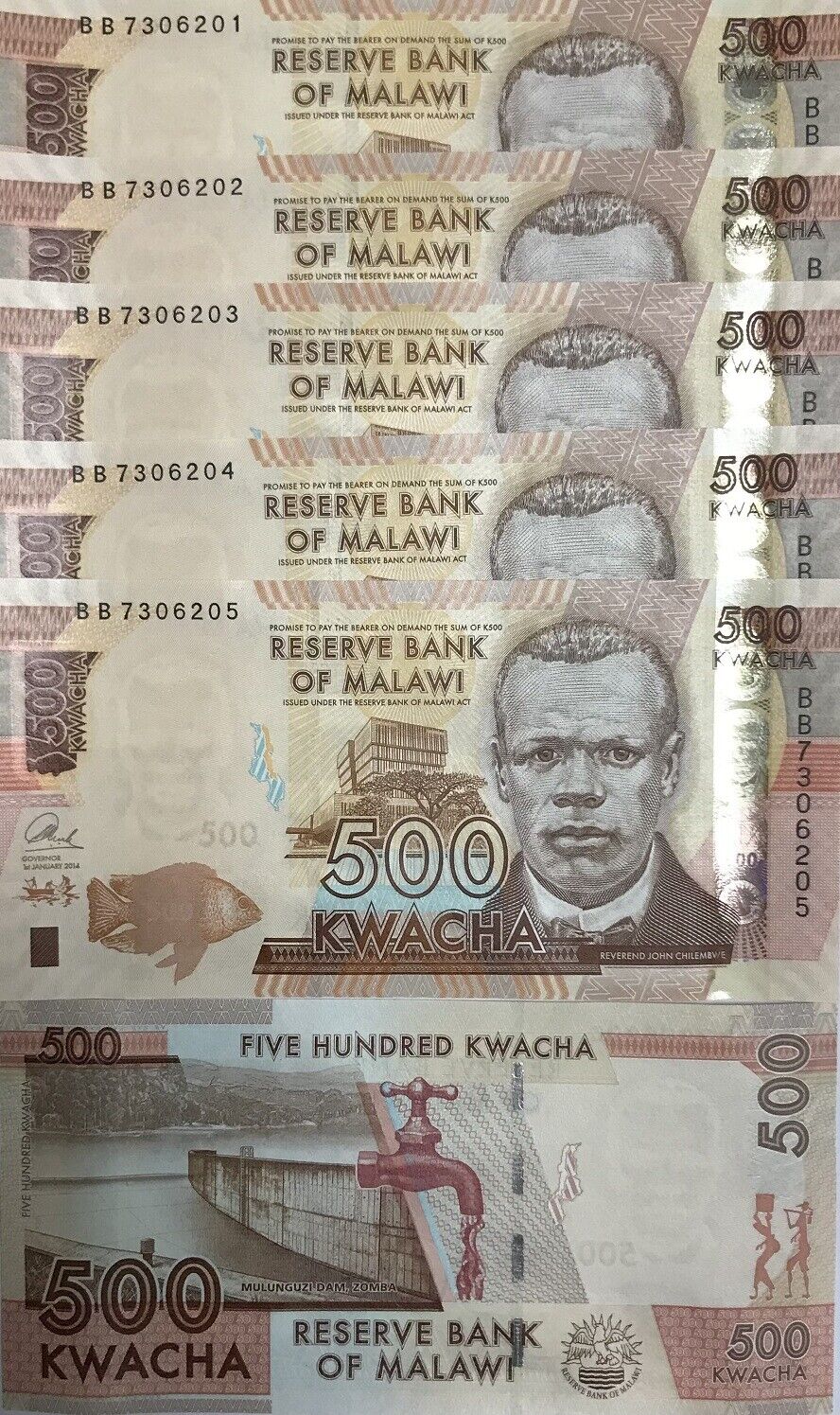 Malawi 500 Kwacha 2014 P 66 UNC LOT 5 PCS