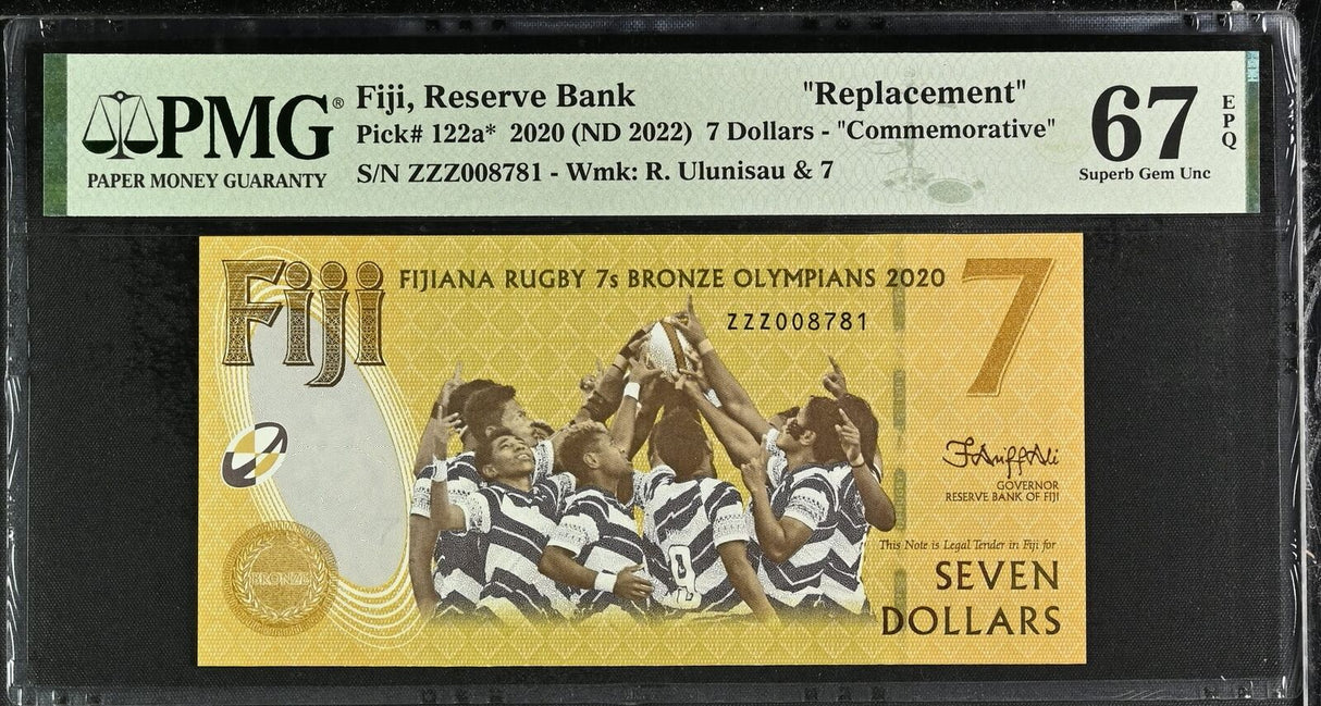 Fiji 7 Dollars 2020 ND 2022 Comm. P 122 a* Replacement Superb Gem UNC PMG 67 EPQ