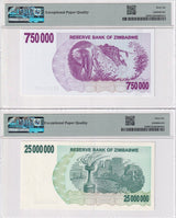 Zimbabwe Set 5; 1 50 500 750K 25Mill 2006-2008 P37-P52 Gem UNC PMG 66 EPQ